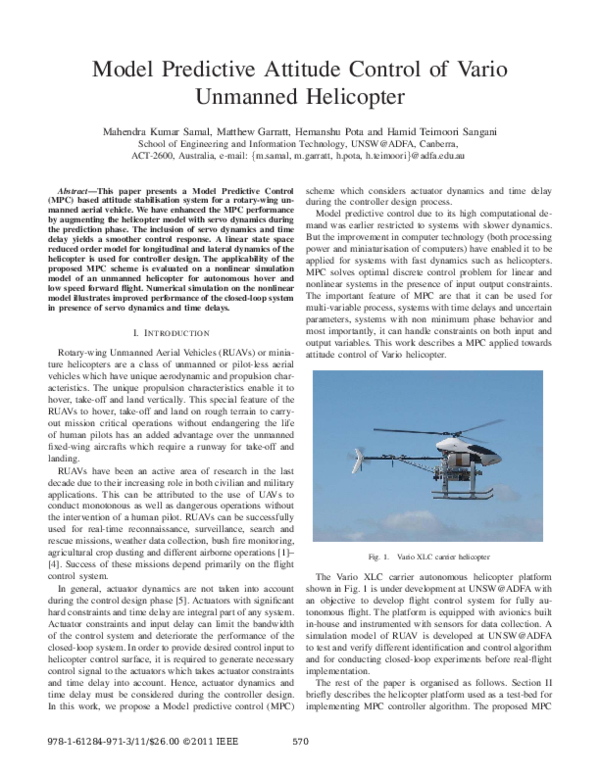 (PDF) Model predictive attitude control of vario unmanned helicopter