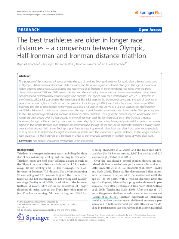 (PDF) The best triathletes are older in longer race distances a
