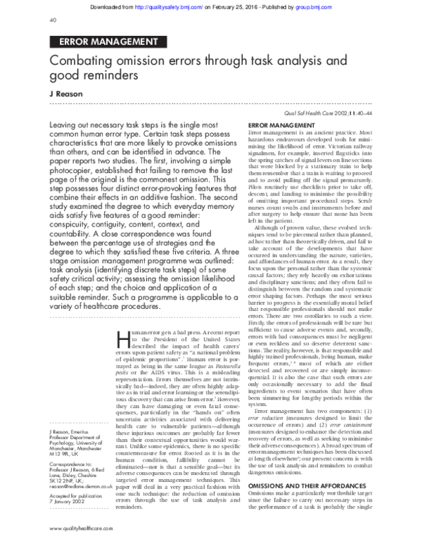 (PDF) Combating omission errors through task analysis and good reminders