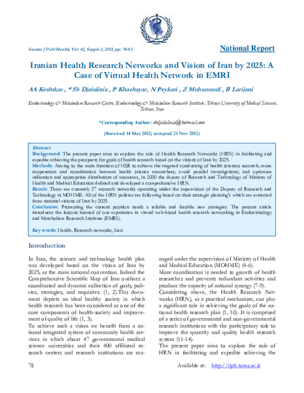 (PDF) Iranian Health Research Networks and Vision of Iran by 2025: A
