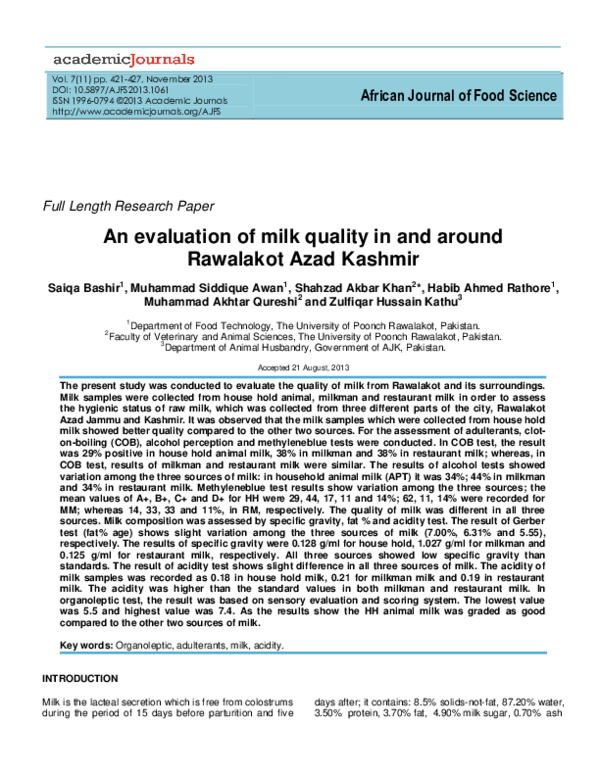 (PDF) An evaluation of milk quality in and around Rawalakot Azad