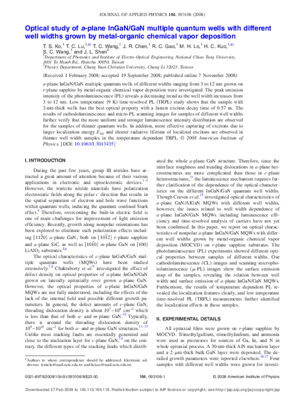(PDF) Optical study of a-plane InGaN/GaN multiple quantum wells with ...