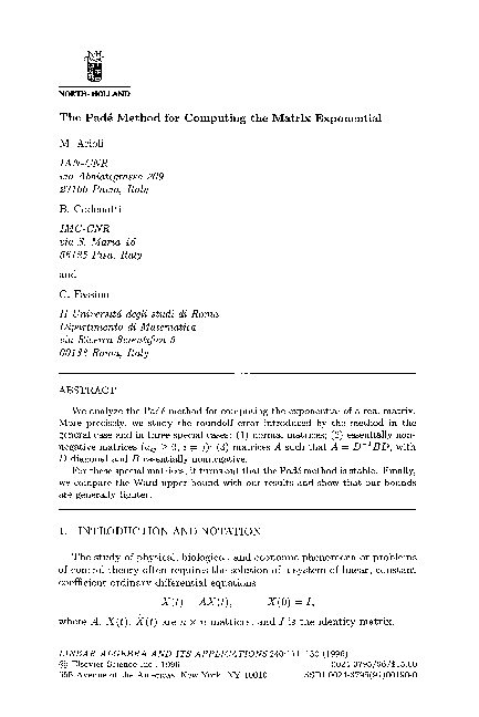 (PDF) The Padé method for computing the matrix exponential