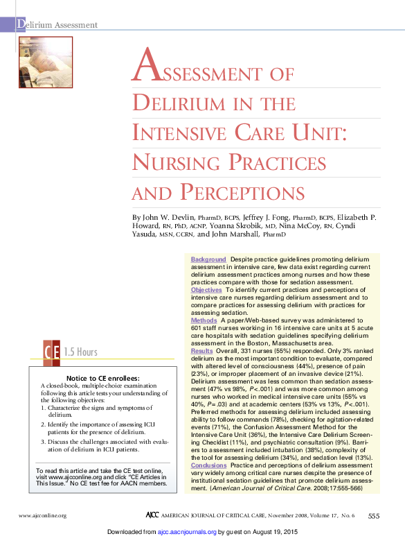 (PDF) Assessment of delirium in the intensive care unit: Nursing ...