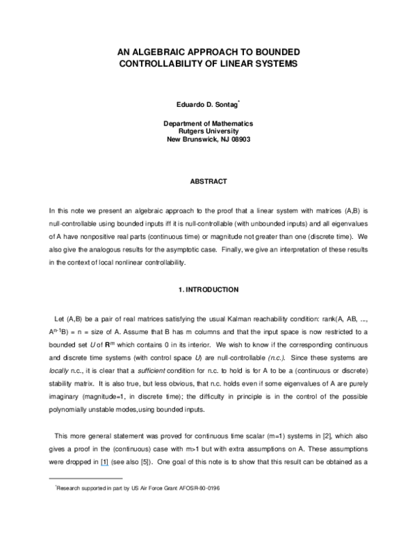 (PDF) An algebraic approach to bounded controllability of linear systems†