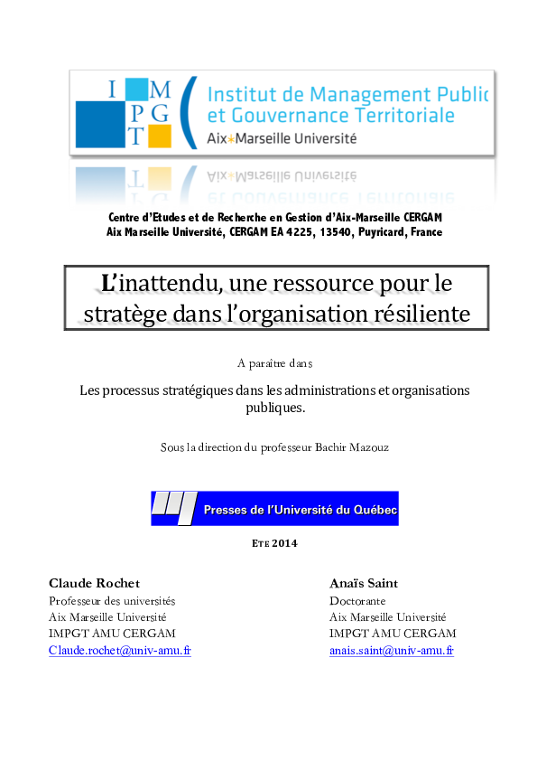 L'inattendu une ressource pour le stratège dans l'organisation résiliente