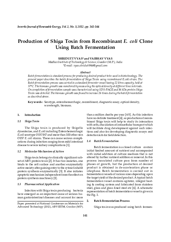(PDF) Production of Shiga Toxin from Recombinant E.coli Clone Using ...