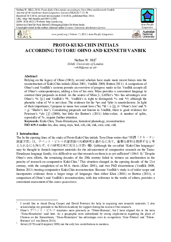 (PDF) Proto-Kuki-Chin initials according to Toru Ohno and Kenneth VanBik