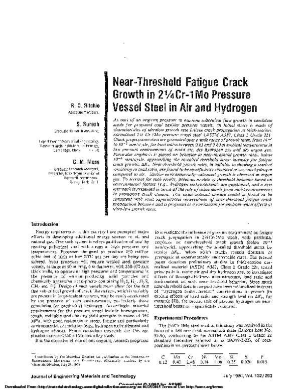 (PDF) Near-Threshold Fatigue Crack Growth in 2 1/4 Cr-1Mo Pressure ...