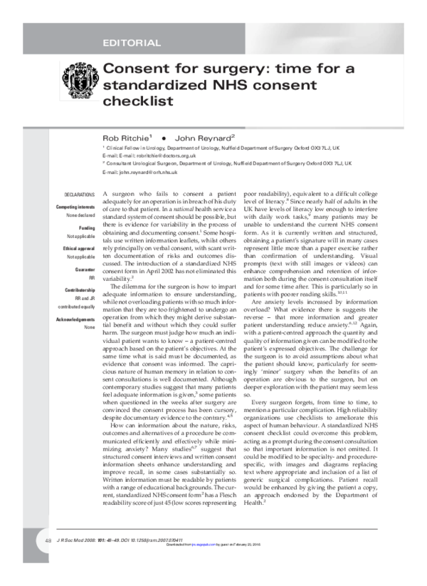 (PDF) Consent for surgery: time for a standardized NHS consent checklist