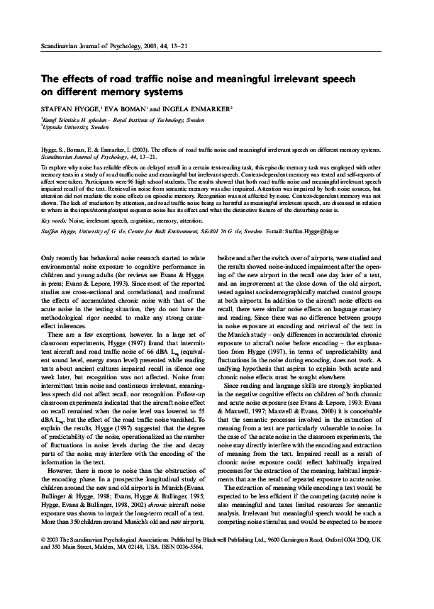 (PDF) The effects of road traffic noise and meaningful irrelevant ...