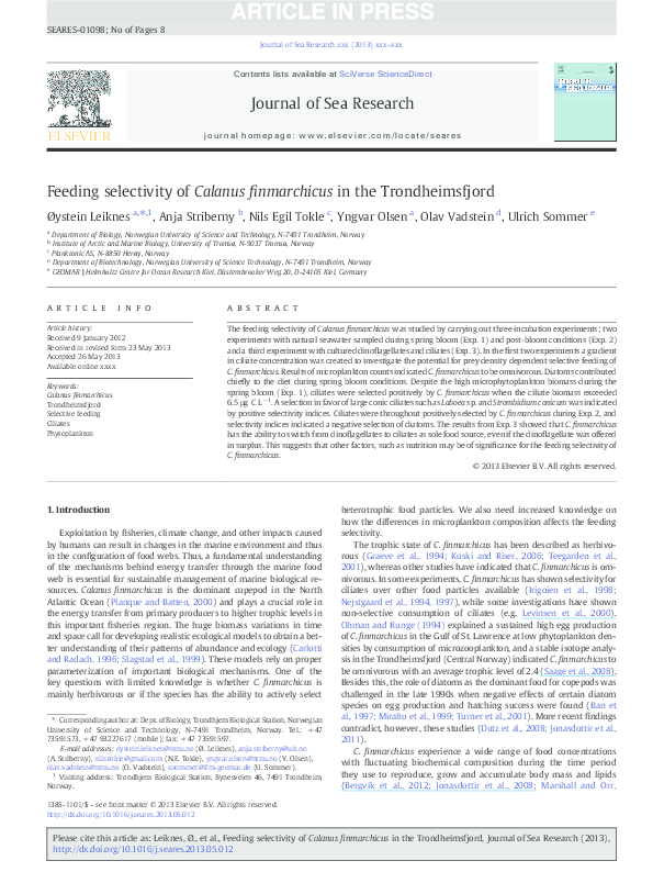 (PDF) Feeding selectivity of Calanus finmarchicus in the Trondheimsfjord