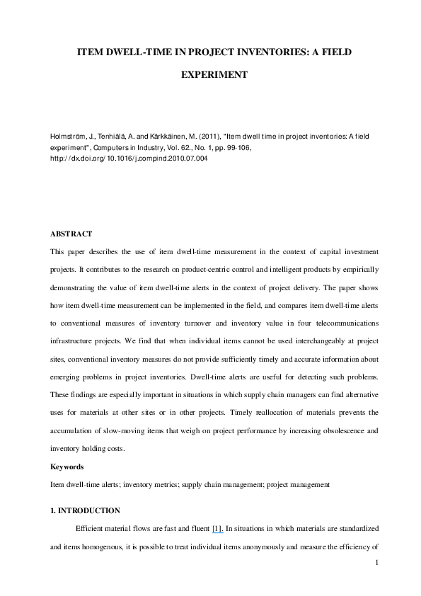 (PDF) Item dwell time in project inventories a field experiment Jan Holmström Academia.edu
