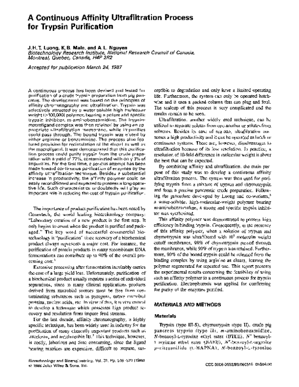 (PDF) A continuous affinity ultrafiltration process for trypsin ...