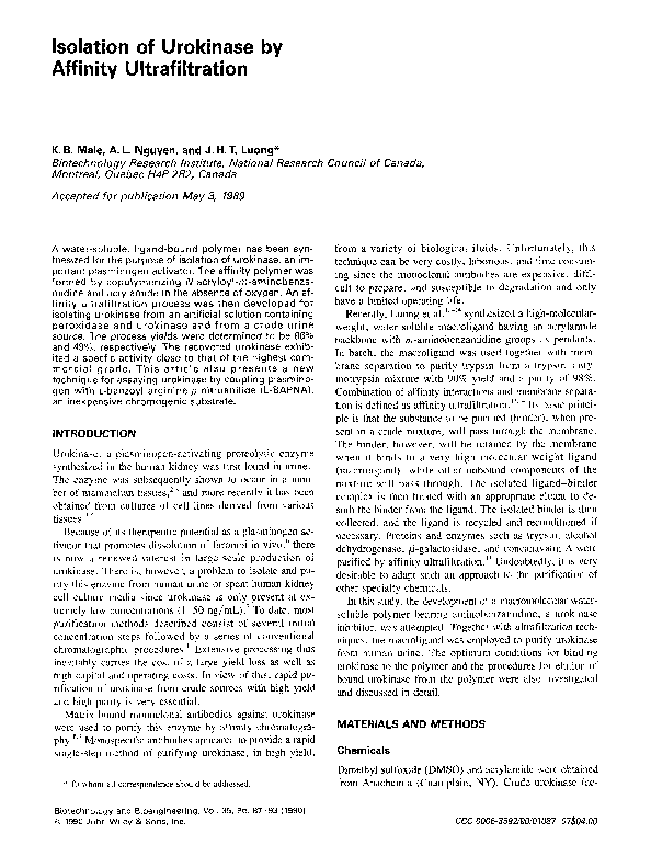 (PDF) Isolation of urokinase by affinity ultrafiltration