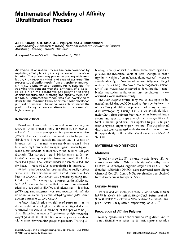 (PDF) Mathematical modeling of affinity ultrafiltration process