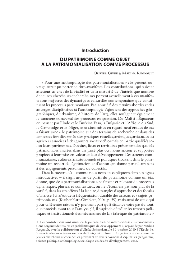 Introduction Du Patrimoine Comme Objet A La Patrimonialisation Comme Processus Madina Regnault And Olivier Givre Academia Edu