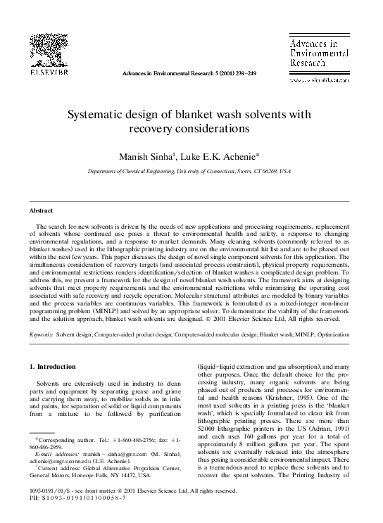 (PDF) Systematic design of blanket wash solvents with recovery