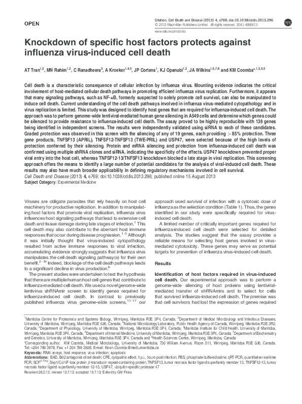 (PDF) Knockdown of specific host factors protects against influenza ...