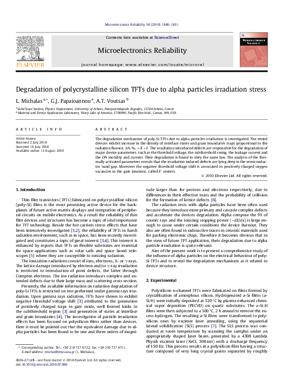 (PDF) Degradation of polycrystalline silicon TFTs due to alpha ...