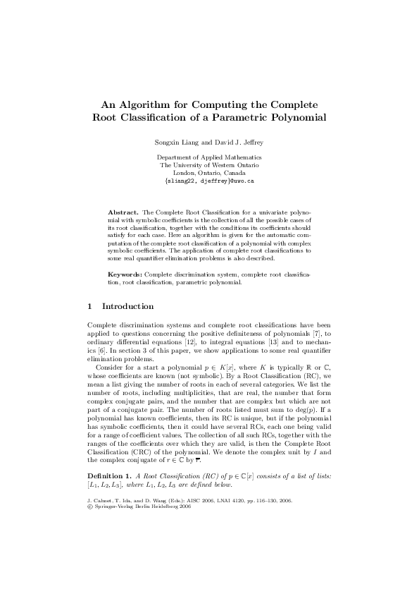  PDF An Algorithm For Computing The Complete Root Classification Of A