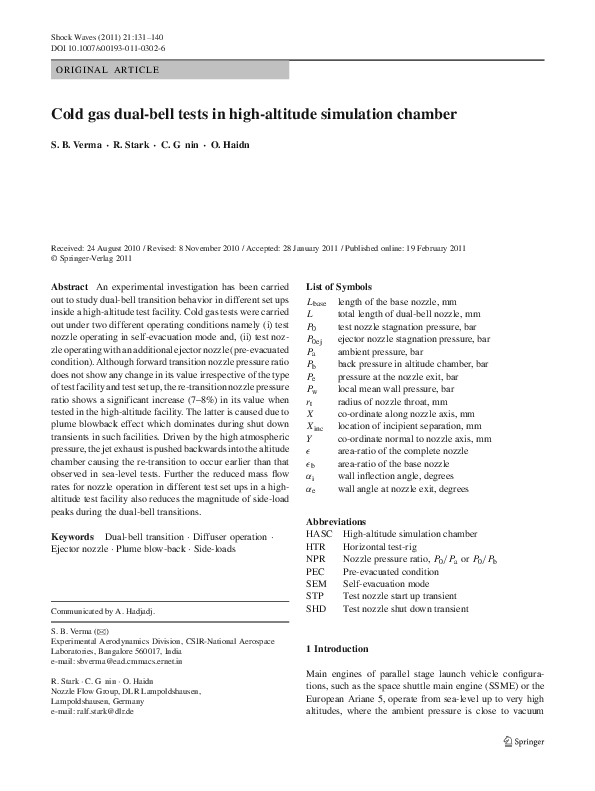 (PDF) Cold gas dual-bell tests in high-altitude simulation chamber