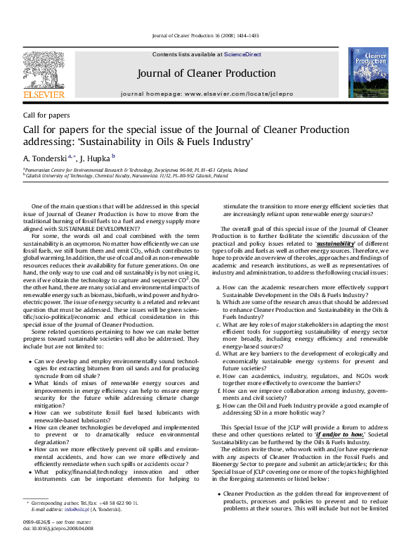  pdf call for papers for the special issue of the journal of cleaner