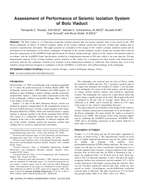 (PDF) Assessment of Performance of Seismic Isolation System of Bolu Viaduct