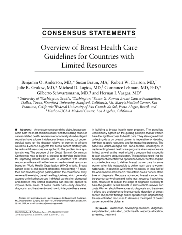 (PDF) Overview of Breast Health Care Guidelines for Countries with