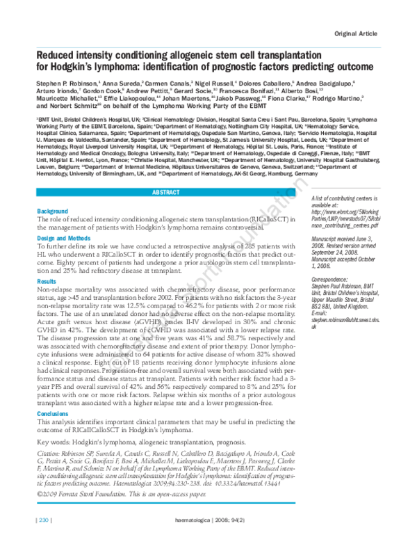 (PDF) Reduced-intensity conditioning allogeneic stem cell ...