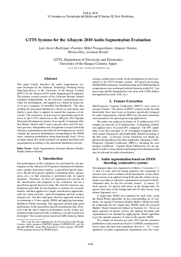 (PDF) GTTS Systems for the Albayzin 2010 Audio Segmentation Evaluation