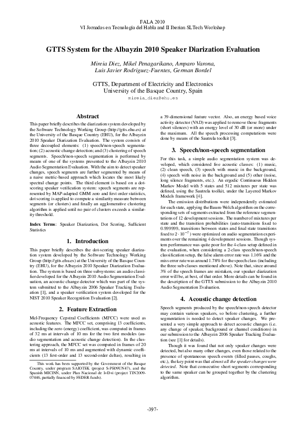 (PDF) GTTS System for the Albayzin 2010 Speaker Diarization Evaluation