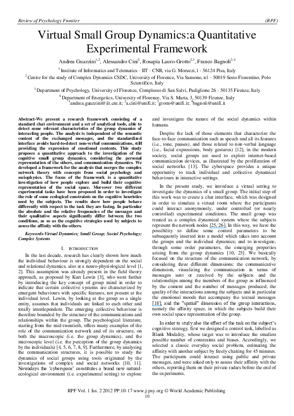 (PDF) Virtual Small Group Dynamics:a Quantitative Experimental Framework