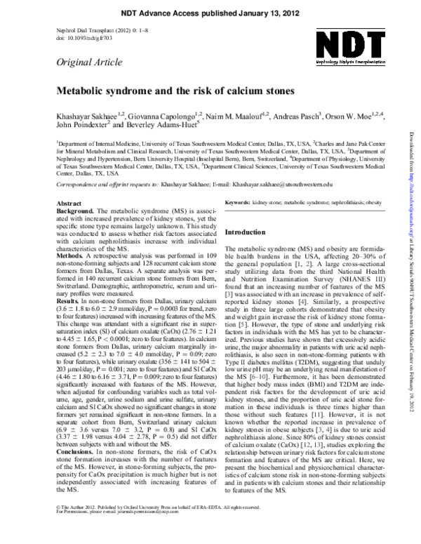(PDF) Metabolic syndrome and the risk of calcium stones