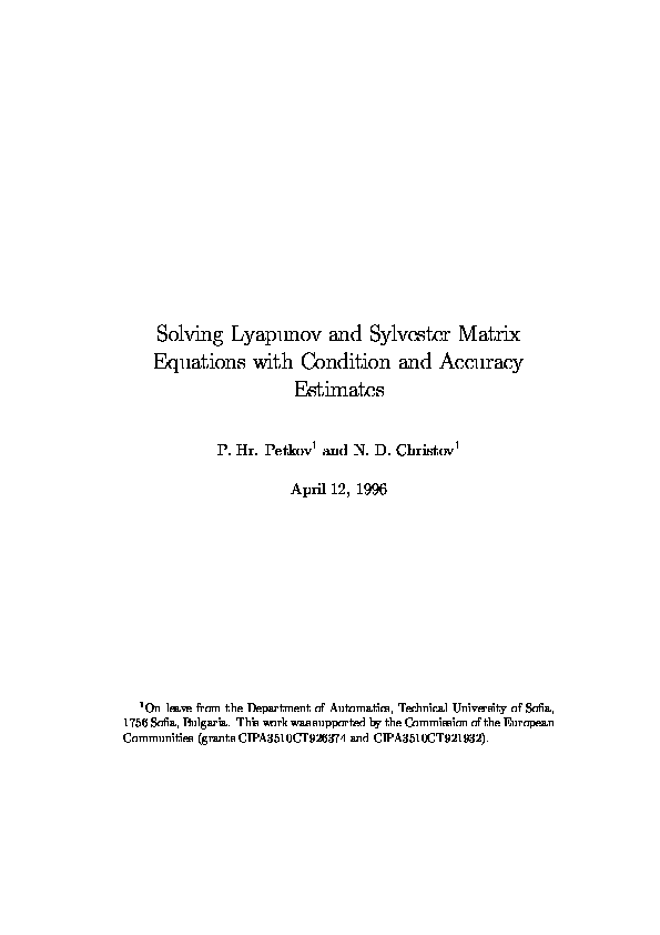 (PDF) Solving Lyapunov and Sylvester Matrix Equations with Condition ...