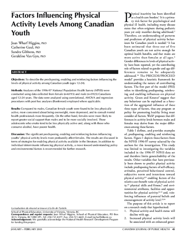 (PDF) Factors influencing physical activity levels among Canadian youth