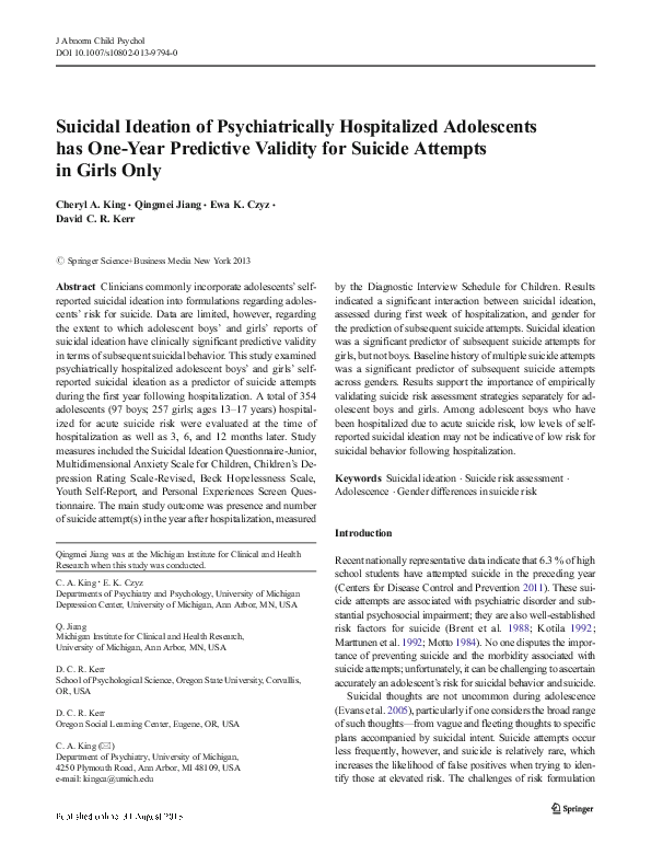 (PDF) Suicidal Ideation of Psychiatrically Hospitalized Adolescents has ...