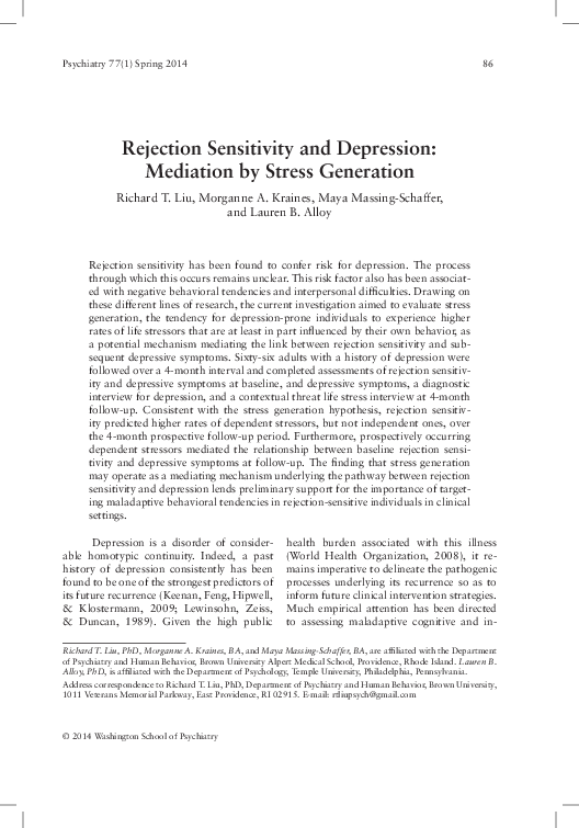 (PDF) Rejection Sensitivity and Depression: Mediation by Stress Generation