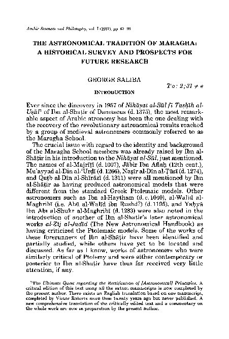 PDF) The Astronomical Tradition Of Maragha: A Historical Survey