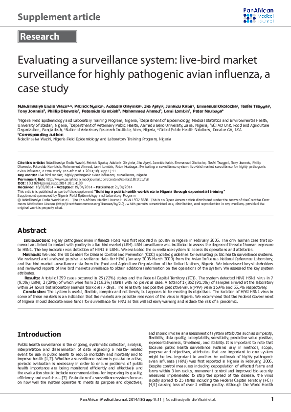 (PDF) Evaluating a surveillance system: live-bird market surveillance ... - Viral Case Histories Using Network Bird Aviary