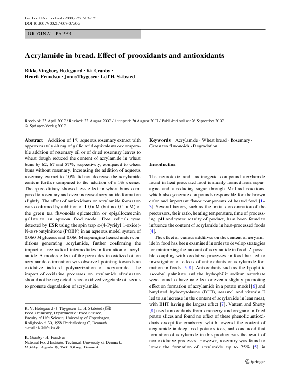 (PDF) Acrylamide in bread. Effect of prooxidants and antioxidants