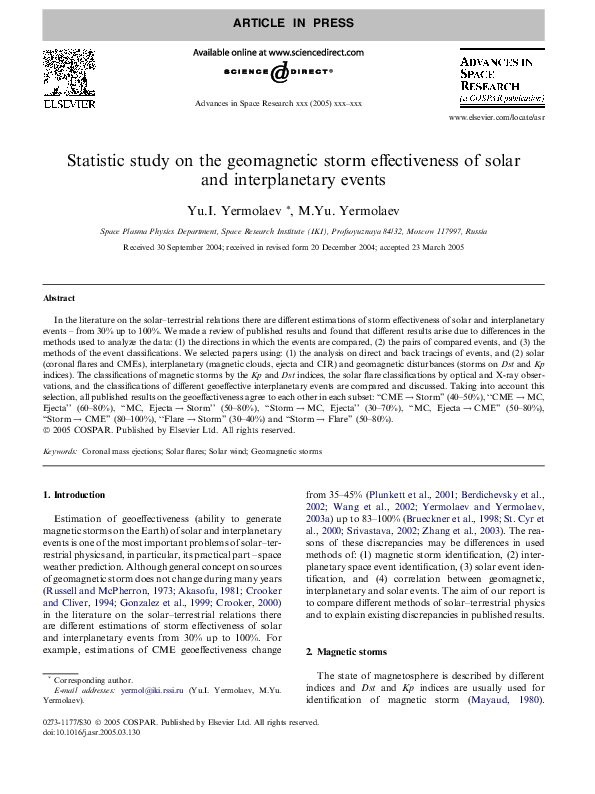 (PDF) Statistic study on the geomagnetic storm effectiveness of solar ...