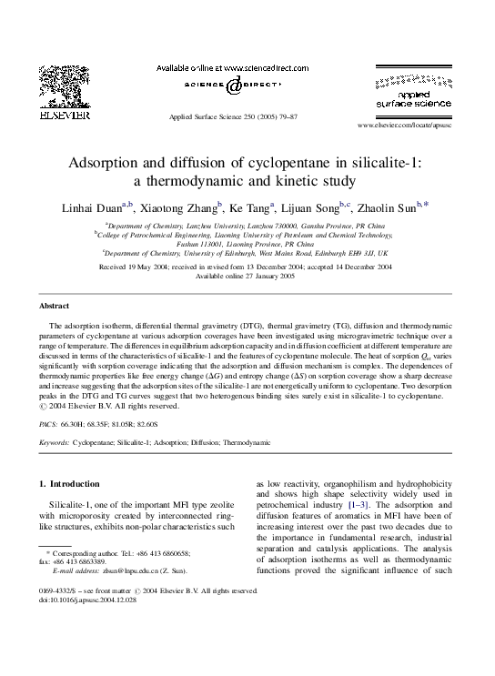 (PDF) Adsorption and diffusion of cyclopentane in silicalite-1: a ...