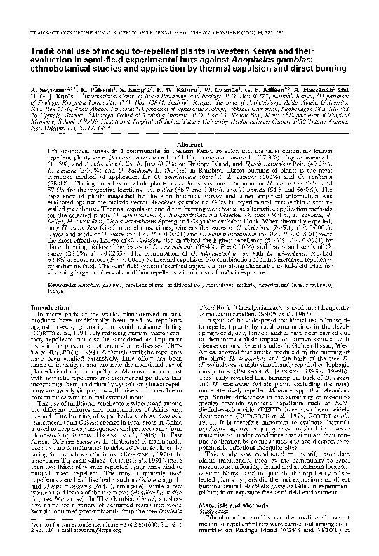 (PDF) Traditional use of mosquitorepellent plants in western Kenya and