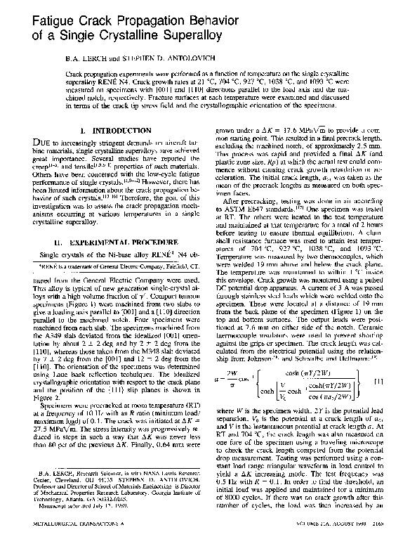 (PDF) Fatigue crack propagation behavior of a single crystalline superalloy