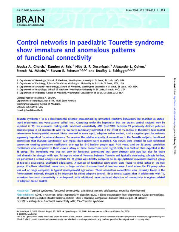 (PDF) Control networks in paediatric Tourette syndrome show immature ...