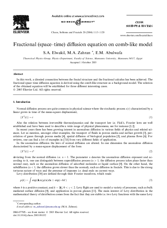 (PDF) Fractional (space–time) diffusion equation on comb-like model