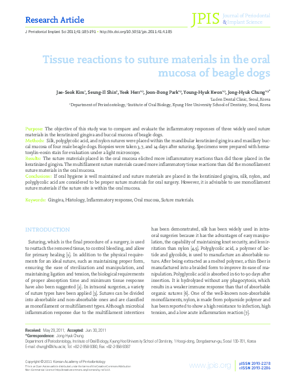 (PDF) Tissue reactions to suture materials in the oral mucosa of beagle
