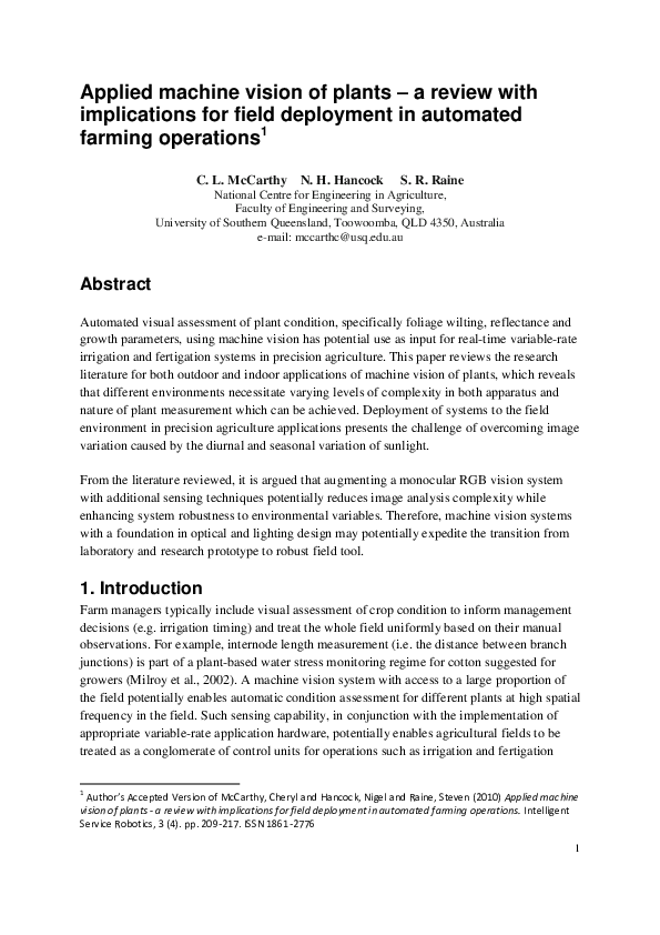 (PDF) Applied machine vision of plants: a review with implications for ...