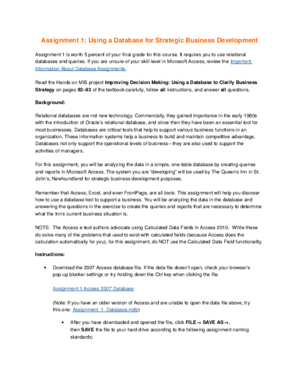 (DOC) Assignment 1: Using a Database for Strategic Business Development